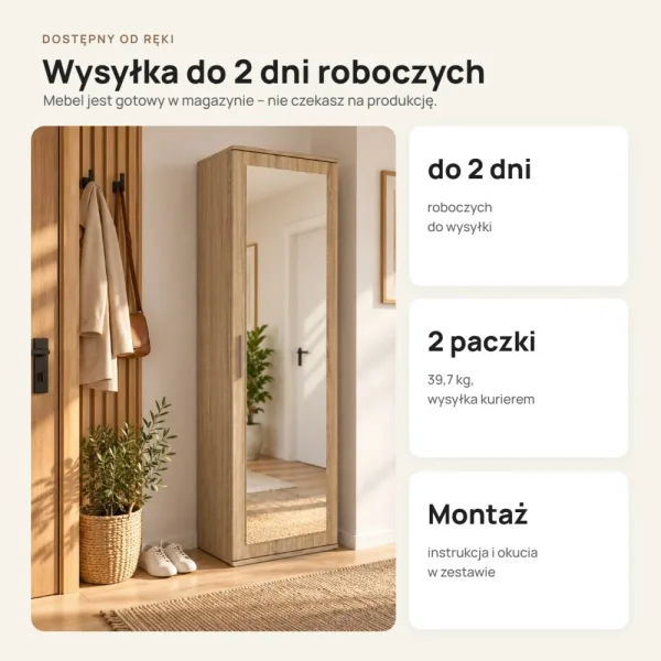 Szafa do przedpokoju 50 cm z lustrem, 180 cm – Dąb Sonoma