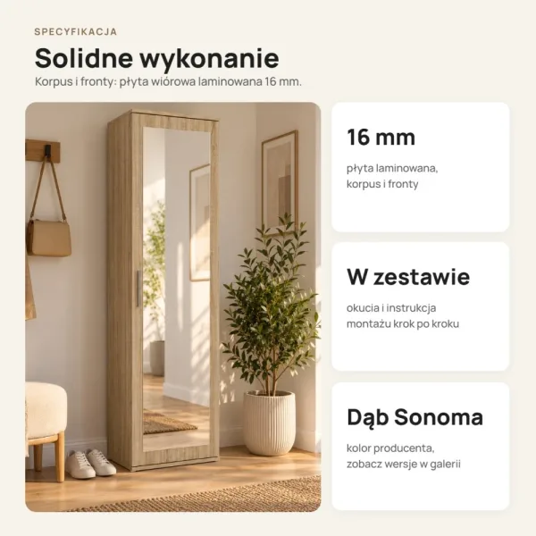 Szafa do przedpokoju 50 cm z lustrem, 180 cm – Dąb Sonoma