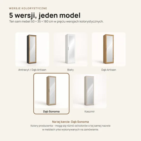 Szafa do przedpokoju 50 cm z lustrem, 180 cm – Dąb Sonoma