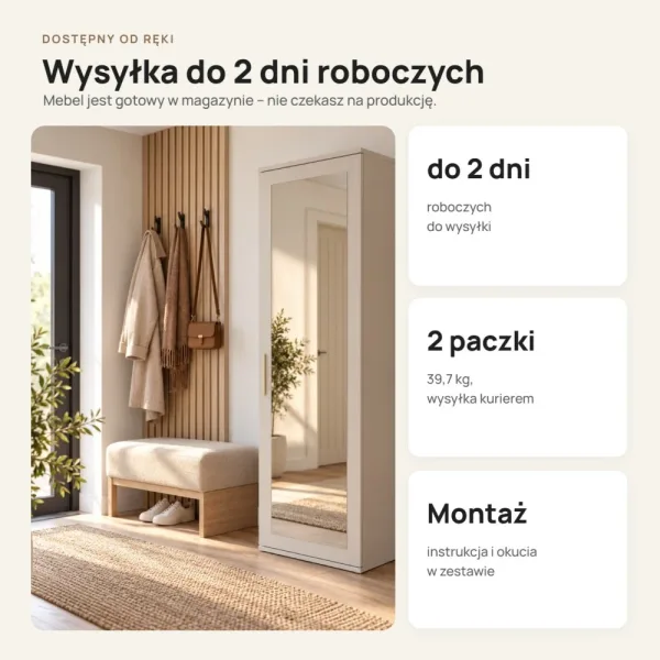 Szafa do przedpokoju 50 cm z lustrem, 180 cm – Kaszmir