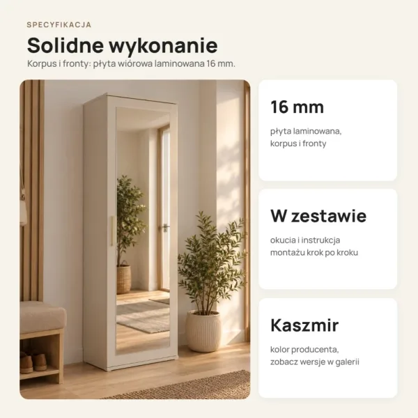 Szafa do przedpokoju 50 cm z lustrem, 180 cm – Kaszmir