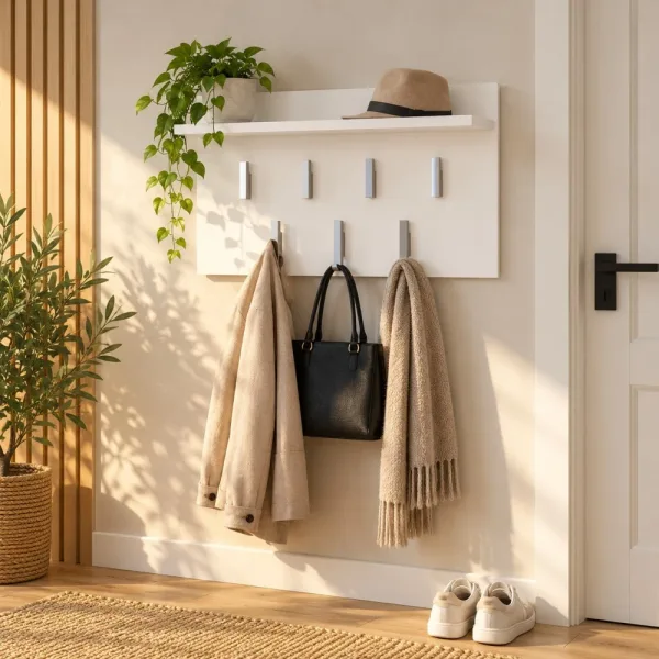 Wieszak ścienny 70 cm z półką i 7 haczykami – Biały