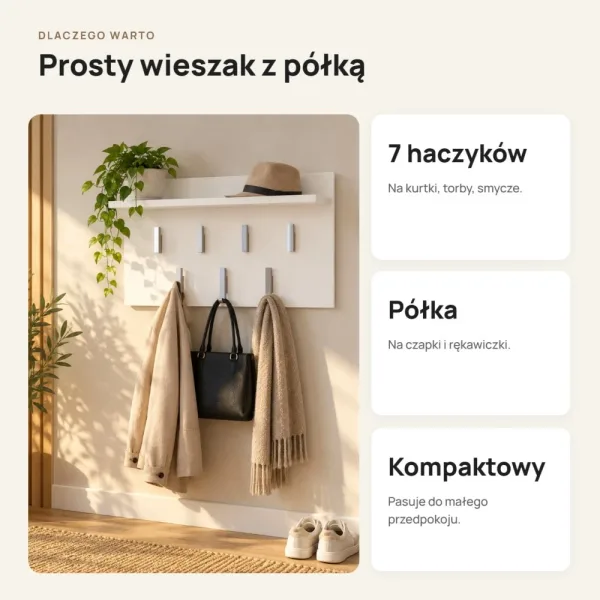 Wieszak ścienny 70 cm z półką i 7 haczykami – Biały