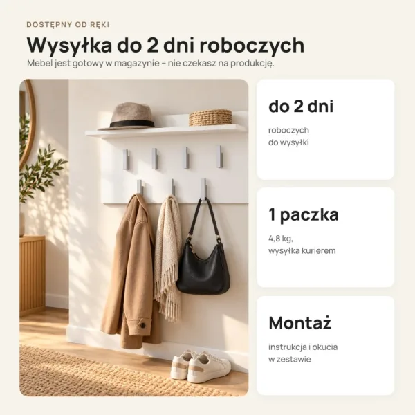 Wieszak ścienny 70 cm z półką i 7 haczykami – Biały