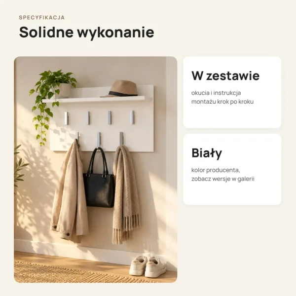 Wieszak ścienny 70 cm z półką i 7 haczykami – Biały