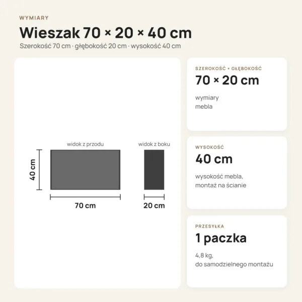 Wieszak ścienny 70 cm z półką i 7 haczykami – Dąb Sonoma