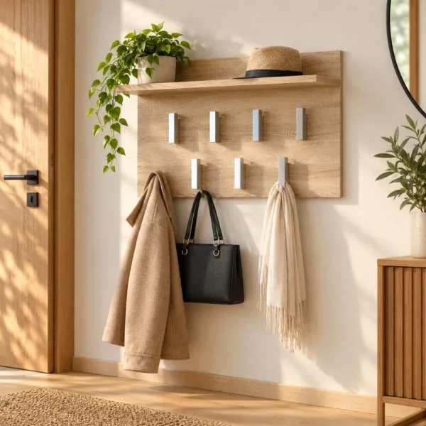 Wieszak ścienny 70 cm z półką i 7 haczykami – Dąb Sonoma