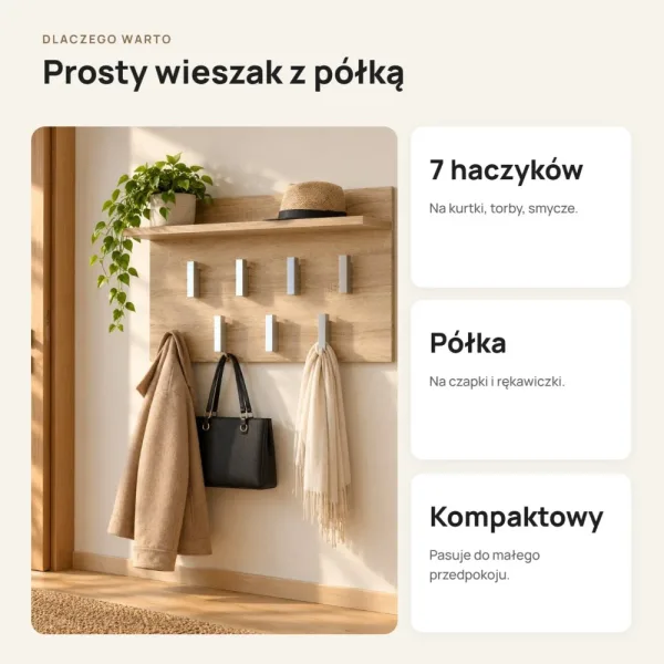 Wieszak ścienny 70 cm z półką i 7 haczykami – Dąb Sonoma