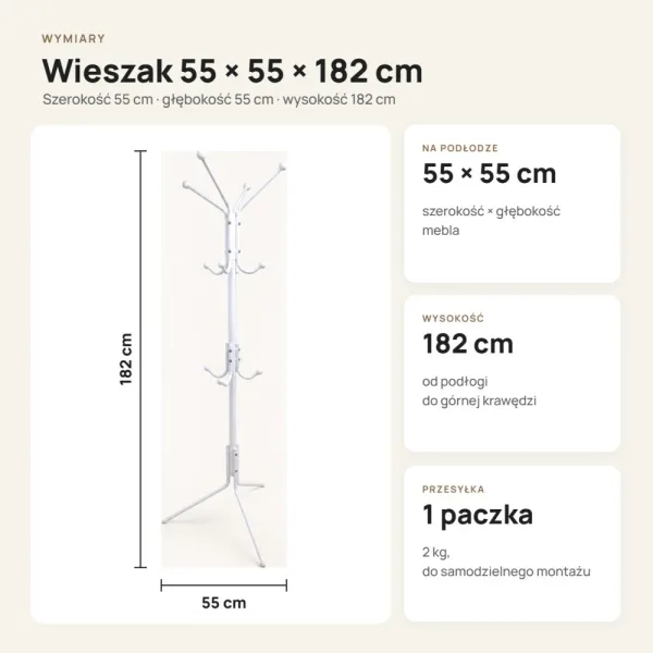 Metalowy wieszak stojący z 12 haczykami, 182 cm – Biały