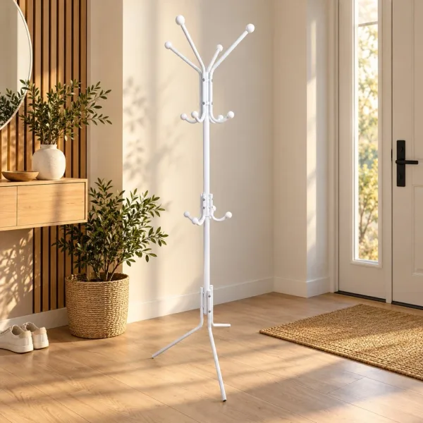 Metalowy wieszak stojący z 12 haczykami, 182 cm – Biały