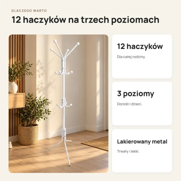 Metalowy wieszak stojący z 12 haczykami, 182 cm – Biały
