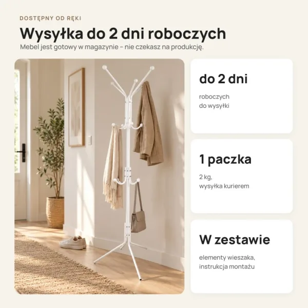 Metalowy wieszak stojący z 12 haczykami, 182 cm – Biały