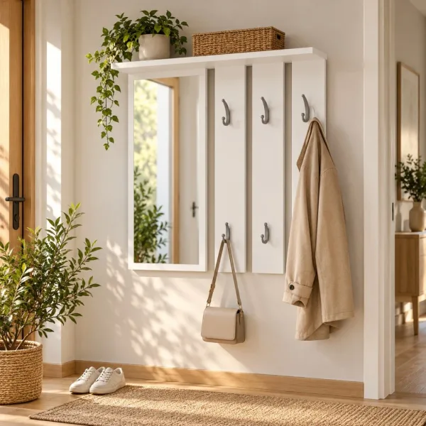 Wieszak ścienny 85 cm z lustrem, półkami i 6 haczykami – Biały