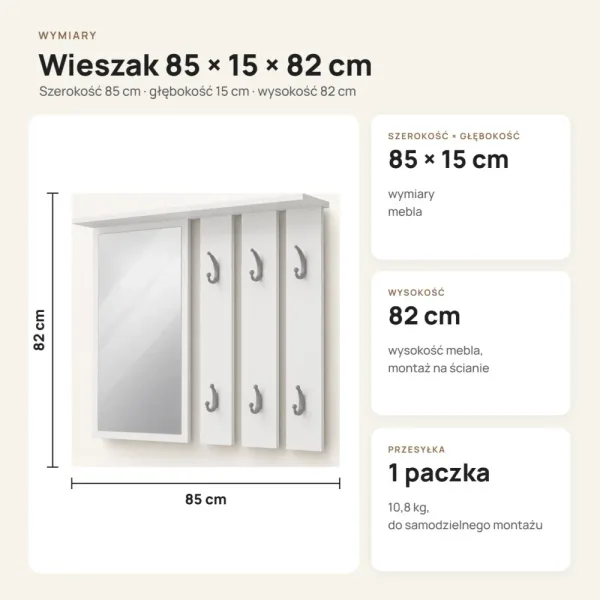 Wieszak ścienny 85 cm z lustrem, półkami i 6 haczykami – Biały