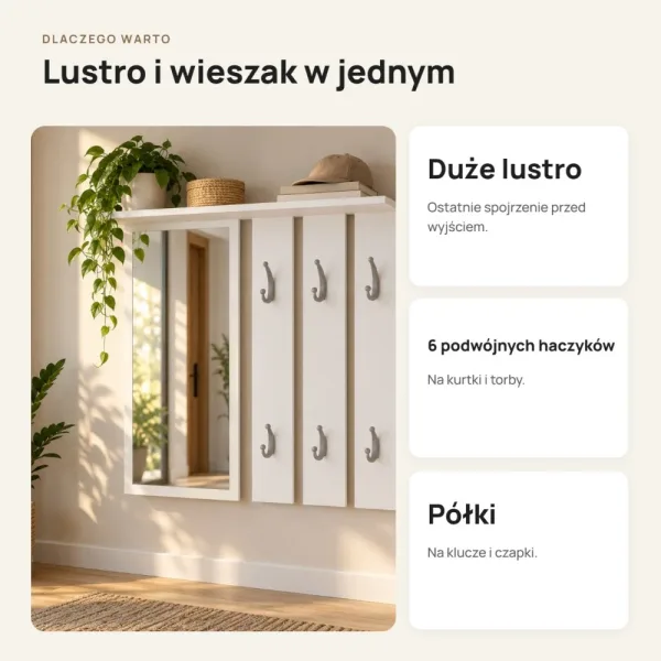 Wieszak ścienny 85 cm z lustrem, półkami i 6 haczykami – Biały