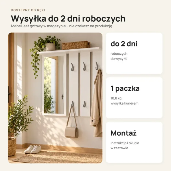 Wieszak ścienny 85 cm z lustrem, półkami i 6 haczykami – Biały