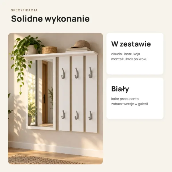 Wieszak ścienny 85 cm z lustrem, półkami i 6 haczykami – Biały