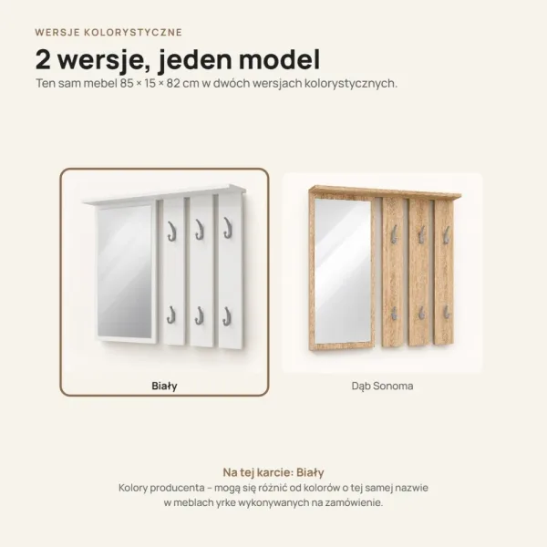 Wieszak ścienny 85 cm z lustrem, półkami i 6 haczykami – Biały