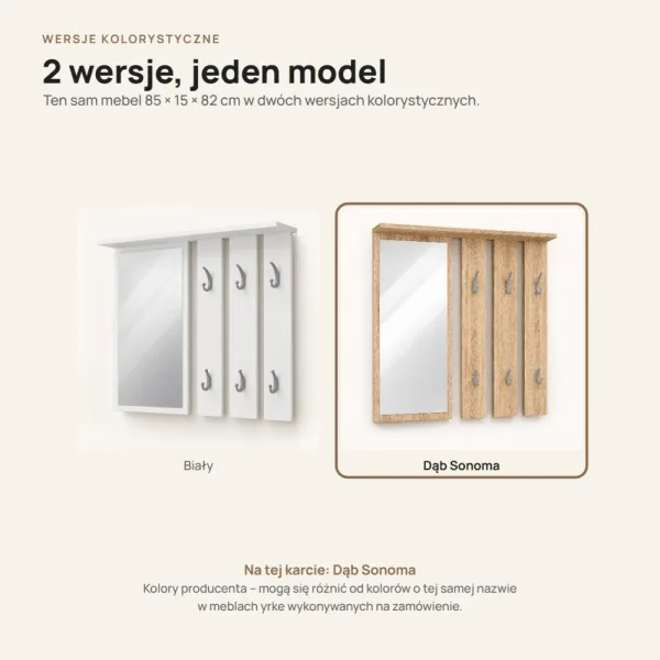 Wieszak ścienny 85 cm z lustrem, półkami i 6 haczykami – Dąb Sonoma