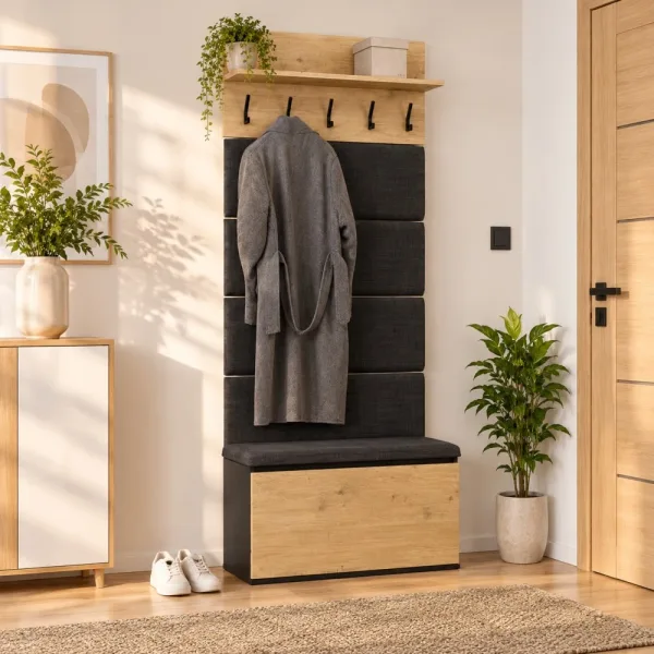 Garderoba do przedpokoju 80 cm z siedziskiem, panelami i szafką na buty – Dąb Artisan / Czarny