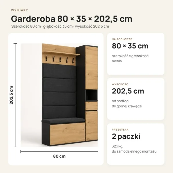 Garderoba do przedpokoju 80 cm z siedziskiem, panelami i szafką na buty – Dąb Artisan / Czarny