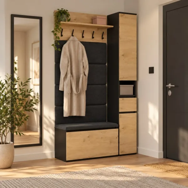 Garderoba do przedpokoju 80 cm z siedziskiem, panelami i szafką na buty – Dąb Artisan / Czarny