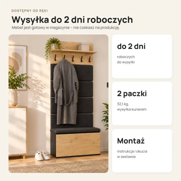 Garderoba do przedpokoju 80 cm z siedziskiem, panelami i szafką na buty – Dąb Artisan / Czarny