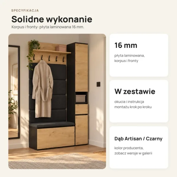 Garderoba do przedpokoju 80 cm z siedziskiem, panelami i szafką na buty – Dąb Artisan / Czarny