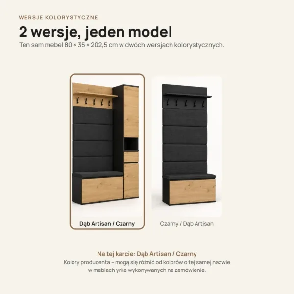 Garderoba do przedpokoju 80 cm z siedziskiem, panelami i szafką na buty – Dąb Artisan / Czarny