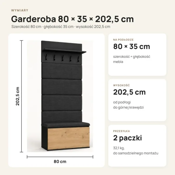 Garderoba do przedpokoju 80 cm z siedziskiem, panelami i szafką na buty – Czarny / Dąb Artisan