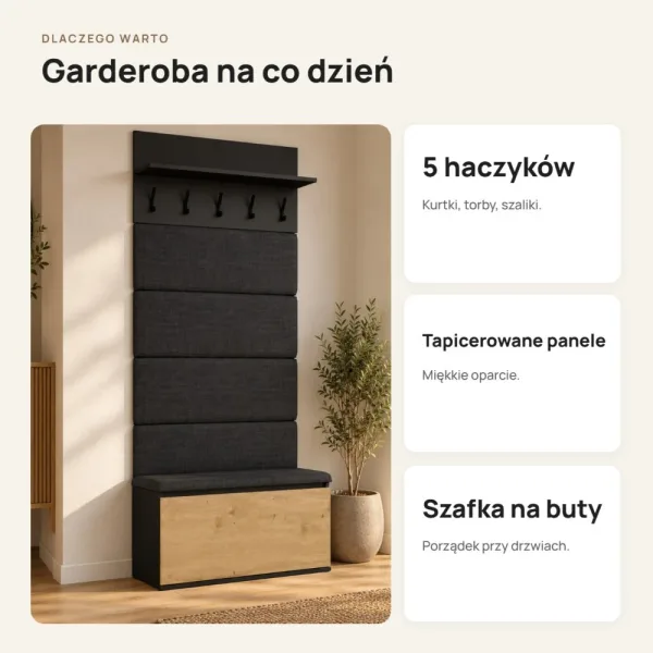 Garderoba do przedpokoju 80 cm z siedziskiem, panelami i szafką na buty – Czarny / Dąb Artisan