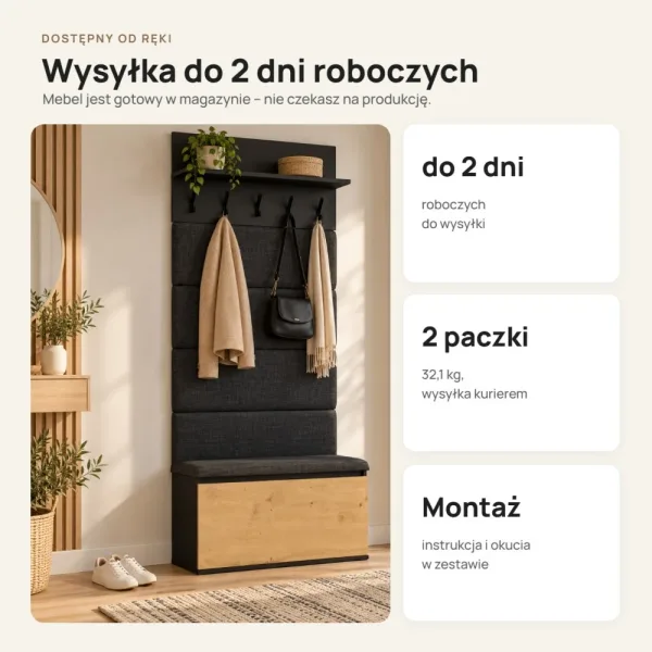 Garderoba do przedpokoju 80 cm z siedziskiem, panelami i szafką na buty – Czarny / Dąb Artisan