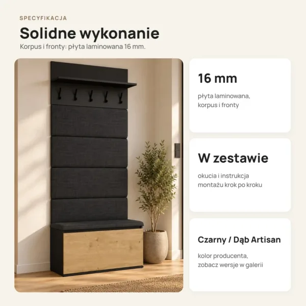Garderoba do przedpokoju 80 cm z siedziskiem, panelami i szafką na buty – Czarny / Dąb Artisan