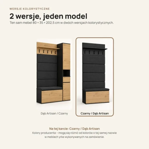 Garderoba do przedpokoju 80 cm z siedziskiem, panelami i szafką na buty – Czarny / Dąb Artisan