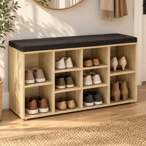 Szafka na buty 104 cm z siedziskiem i 13 przegródkami – Dąb Sonoma / Ciemny brąz