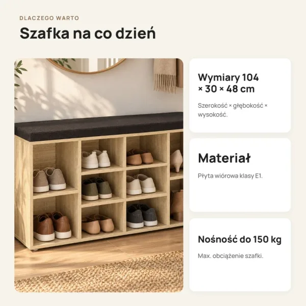 Szafka na buty 104 cm z siedziskiem i 13 przegródkami – Dąb Sonoma / Ciemny brąz