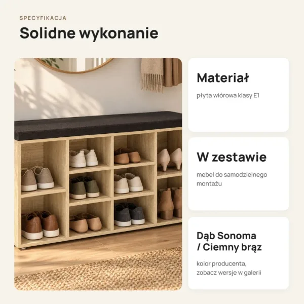 Szafka na buty 104 cm z siedziskiem i 13 przegródkami – Dąb Sonoma / Ciemny brąz