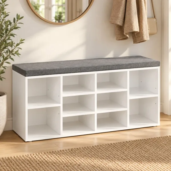 Szafka na buty 104 cm z siedziskiem i 13 przegródkami – Biały / Szary