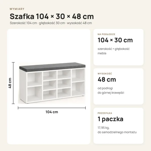 Szafka na buty 104 cm z siedziskiem i 13 przegródkami – Biały / Szary
