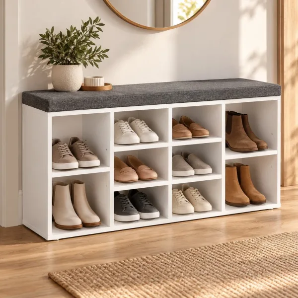 Szafka na buty 104 cm z siedziskiem i 13 przegródkami – Biały / Szary