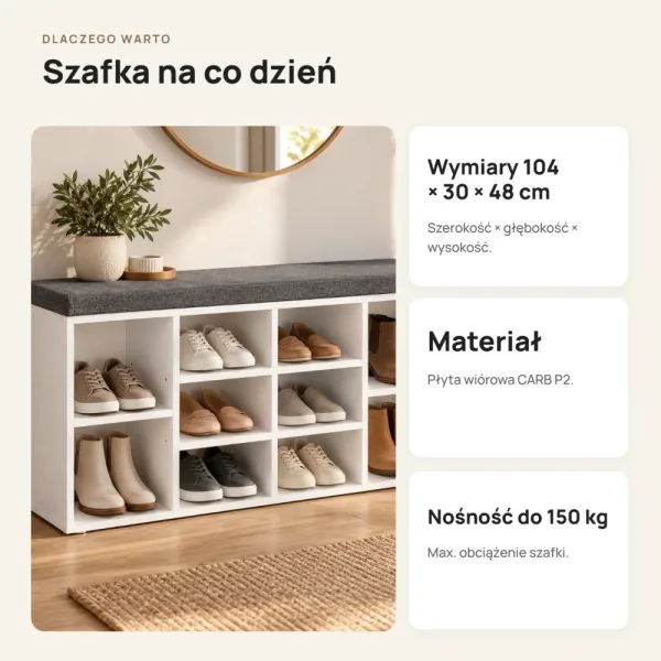 Szafka na buty 104 cm z siedziskiem i 13 przegródkami – Biały / Szary