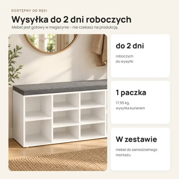 Szafka na buty 104 cm z siedziskiem i 13 przegródkami – Biały / Szary