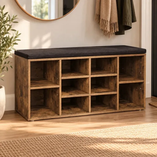 Szafka na buty 104 cm z siedziskiem i 13 przegródkami – Brązowy rustykalny / Ciemny brąz