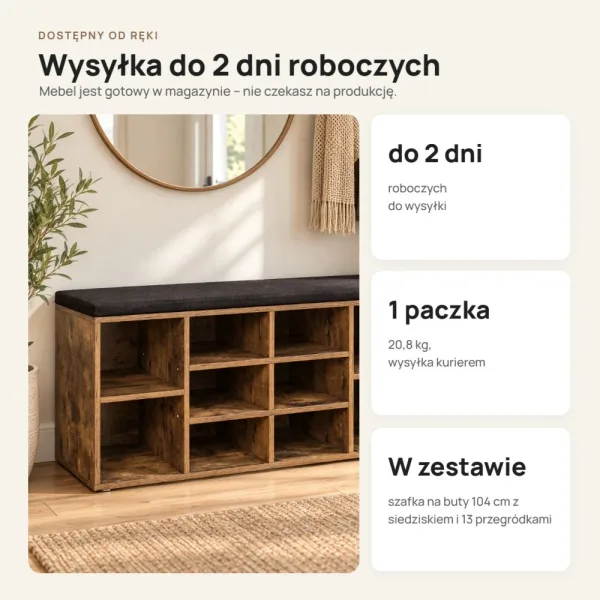 Szafka na buty 104 cm z siedziskiem i 13 przegródkami – Brązowy rustykalny / Ciemny brąz