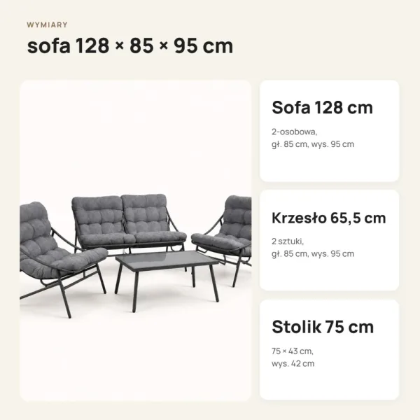 Zestaw ogrodowy 4-częściowy: sofa, 2 krzesła i stolik – Szary