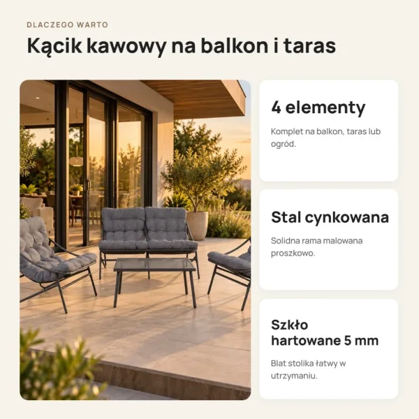 Zestaw ogrodowy 4-częściowy: sofa, 2 krzesła i stolik – Szary