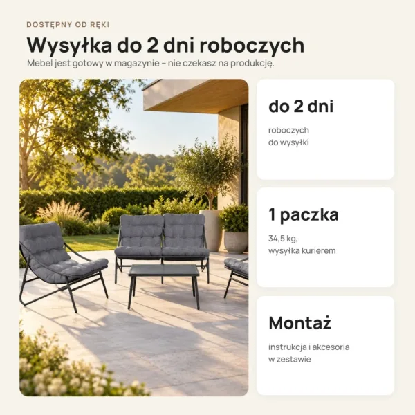 Zestaw ogrodowy 4-częściowy: sofa, 2 krzesła i stolik – Szary
