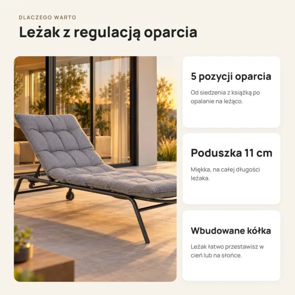 Leżak ogrodowy z poduszką i 5-stopniową regulacją, 197 cm – Czarny / Szary
