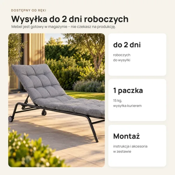Leżak ogrodowy z poduszką i 5-stopniową regulacją, 197 cm – Czarny / Szary