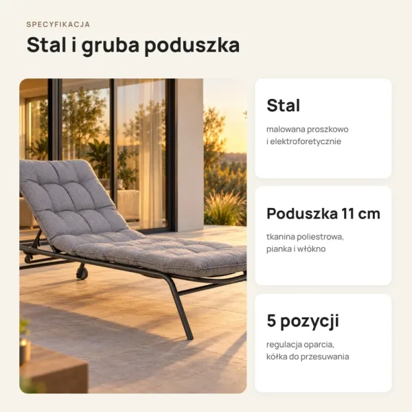 Leżak ogrodowy z poduszką i 5-stopniową regulacją, 197 cm – Czarny / Szary